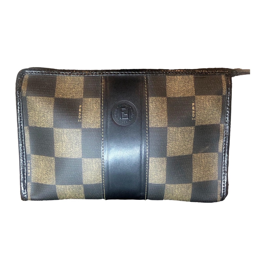 Vintage FENDI Pequin Check Zip Close Makeup Toiletry Bag w Gold Plated Hardware